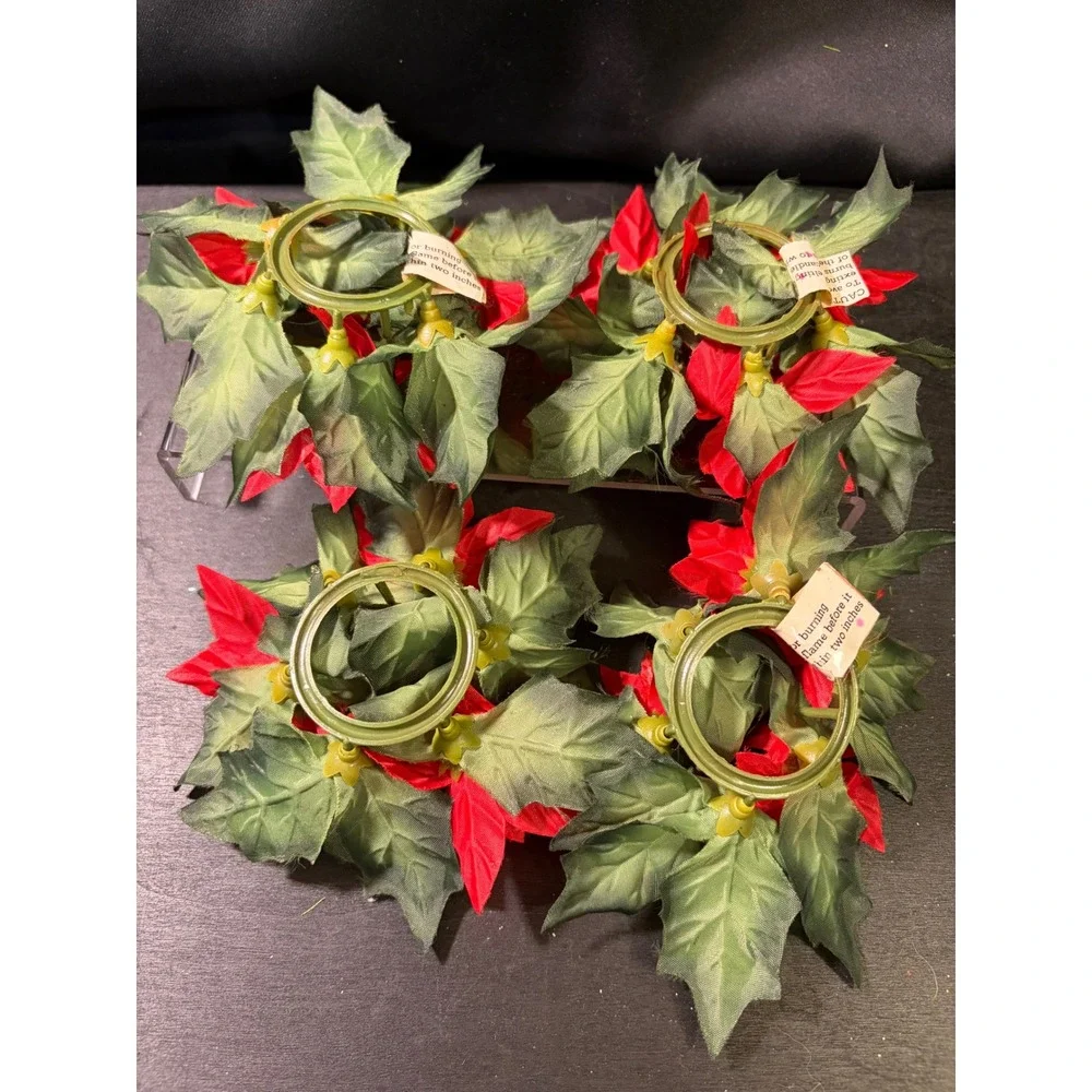 Vintage Christmas Poinsettia Candle Rings Red Silk Floral Silver Pinecones Set 4